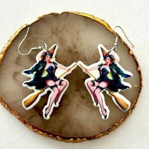 Retro Pinup Witch Acrylic Earrings, NWT, Unworn